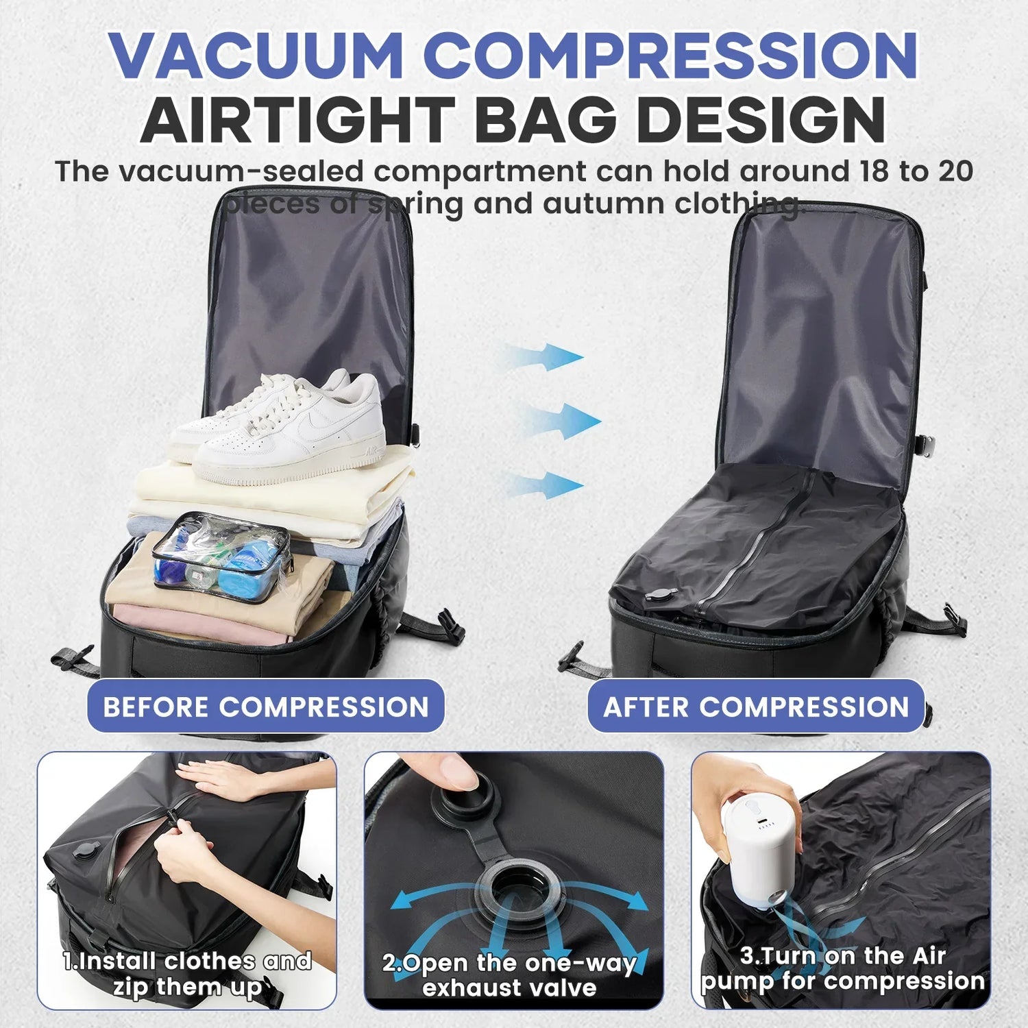Vacuum Compression Travel Backpack with Pump Black-4